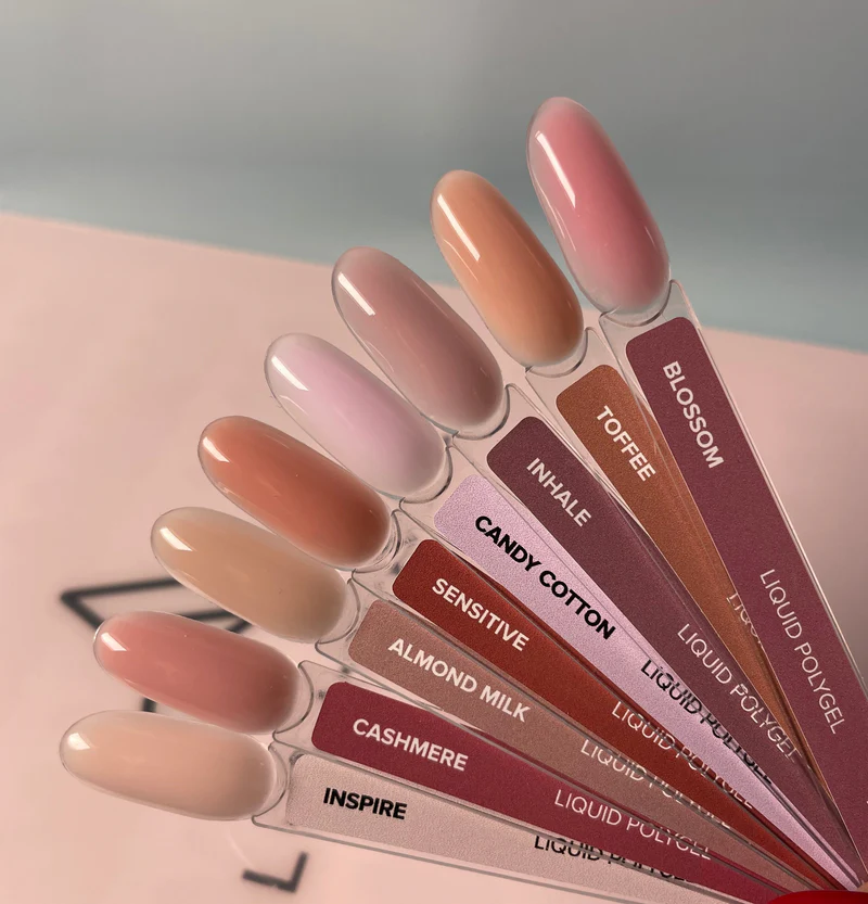 Nuancier Polygel Liquide -blossom-toffee-inahle-candycotton-sensitive-almondmilk-cashmere-inspire